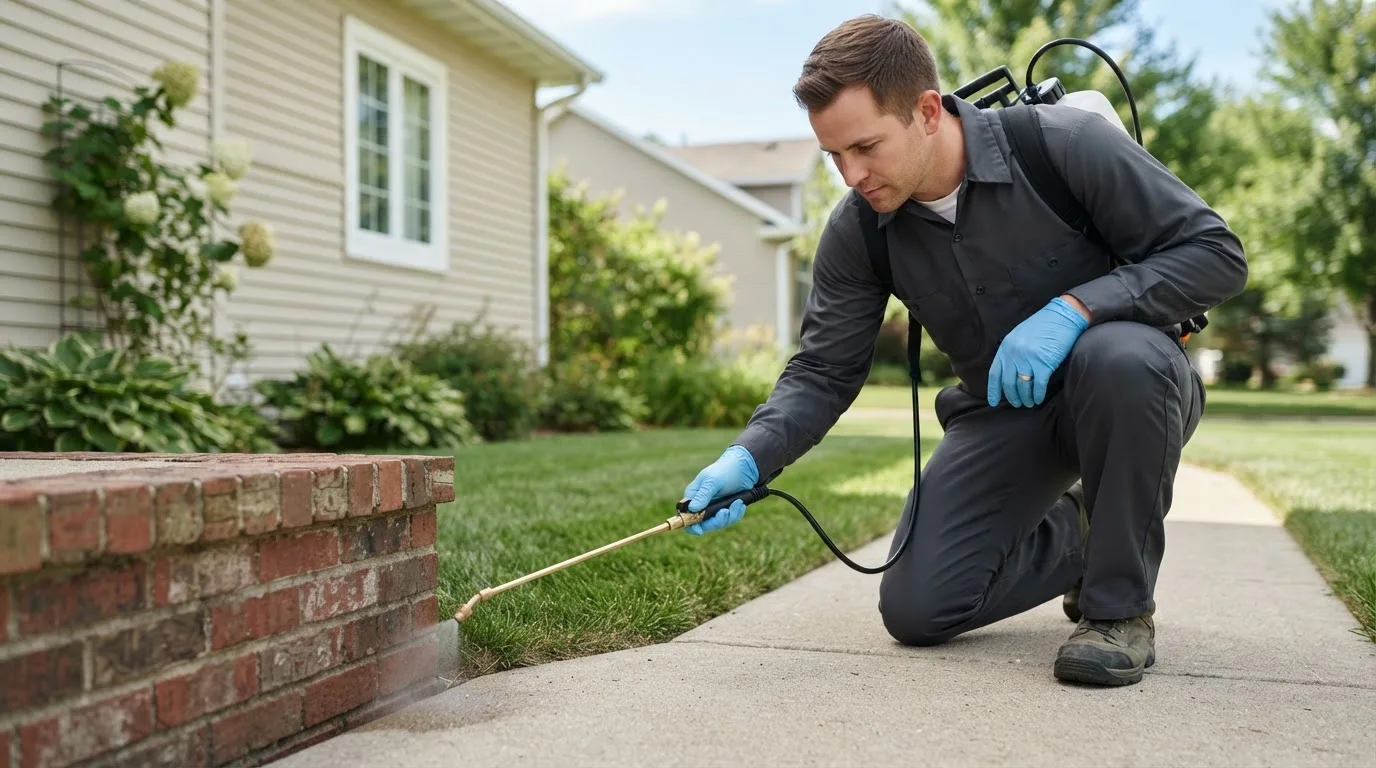 Pest control technician treating a home near Reynoldsburg, OH