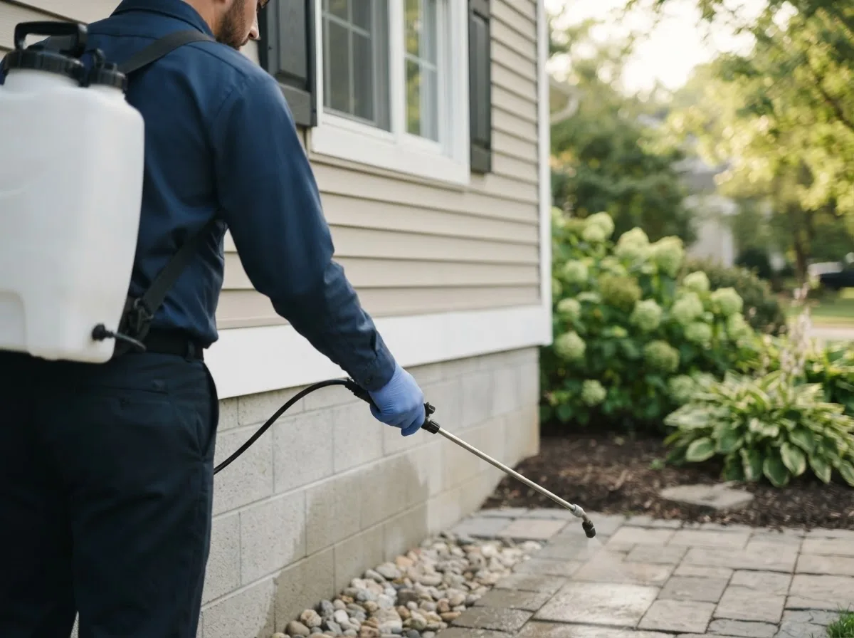 Pest control technician inspecting a home in Reynoldsburg, OH